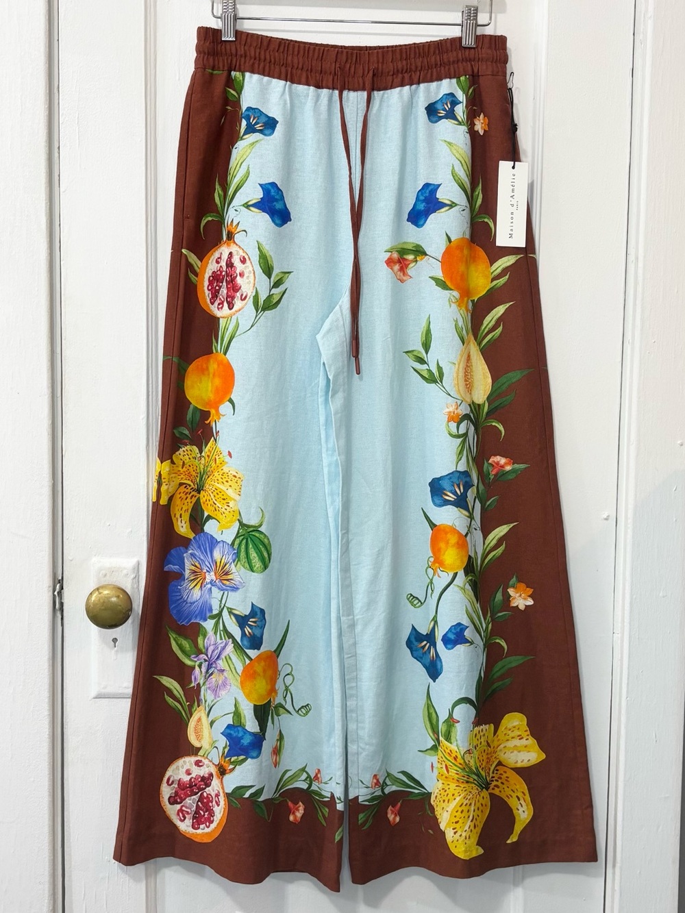 Maison D'Amelie Women's Floral Fruit Linen Blend Wide-Leg Palazzo Pants, Size S